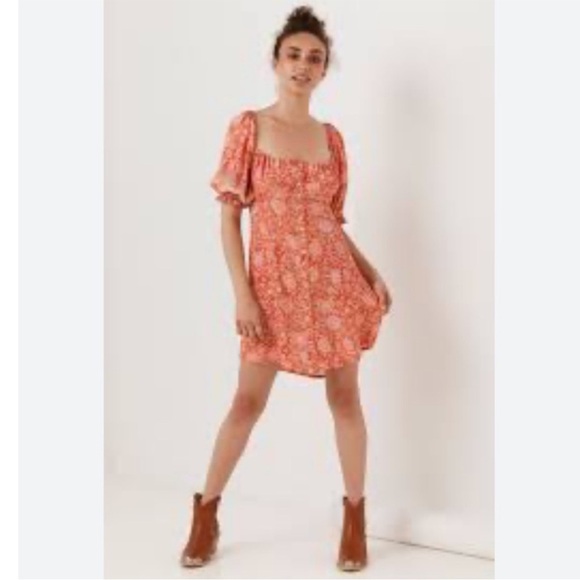 Spell Love Story Boho Printed Midi Dress Puff Sleeves Size M Red - Picture 4 of 10